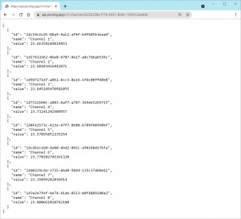 浏览器中的 PicoLog Cloud API 屏幕截图 显示浏览器窗口的屏幕截图,显示 PicoLog Cloud API 的输出数据